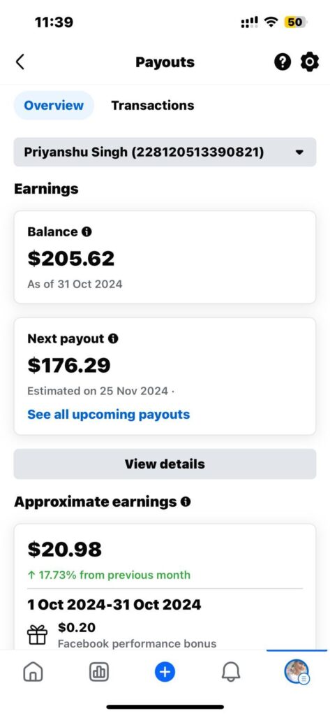 Facebook performance bonus earning proof