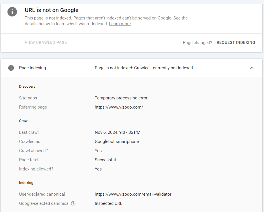 Google search Console Temporary processing error